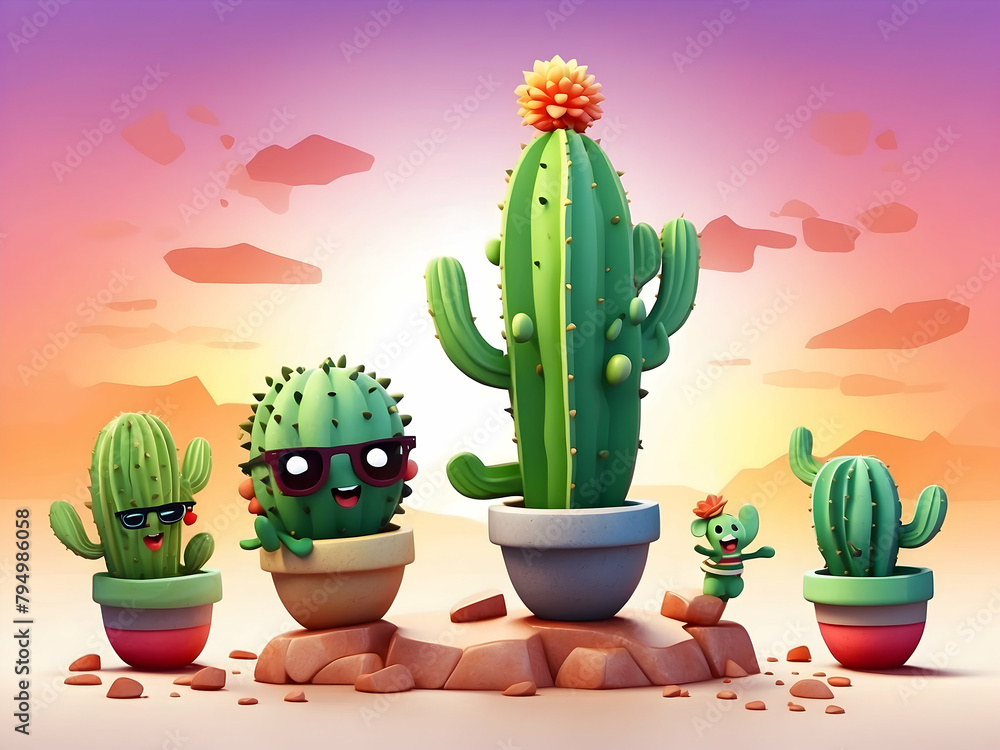 Isometric 3D Cartoon Chibi Style: Maracas Cacti Concept - Cartoon Cacti Playing Maracas Against Watercolor Sunset, Ideal for Cinco de Mayo Promotions