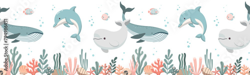 Seamless border pattern with sea animals, corals and seaweed. Perfect for kids fabric, wallpaper, wrapping paper. Isolated on white background