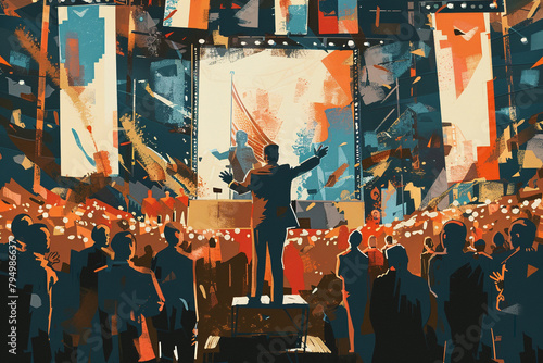 Depiction of a candidate's political rally with a keynote speech, large banners, and an energetic crowd showing support, festive and powerful photo