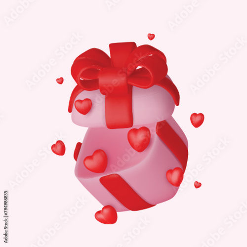 Valentine's day design. Realistic gifts boxes. Open gift box full of decorative festive object. Holiday banner, web poster, flyer, stylish brochure, greeting card, cover. Romantic background