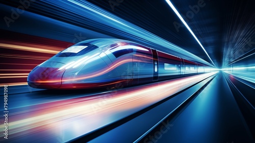 Highspeed train zooming through a neonlit tunnel, with light streaks and reflections creating a dynamic sense of speed and technology