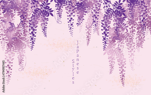 藤の花　藤棚　大藤　和風デザイン　背景　フレーム　和紙
