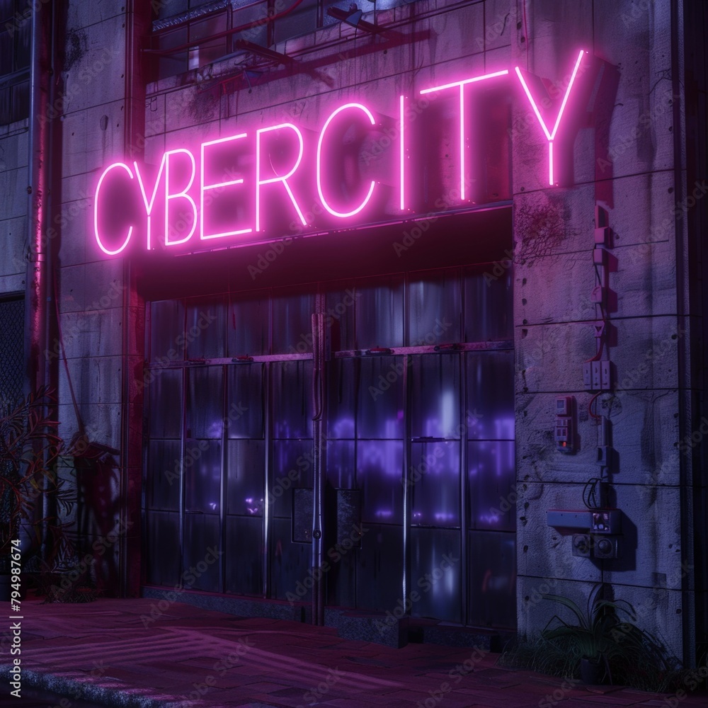 Neon Cyber City Sign Illuminating Urban Alley at Night for Futuristic Vibes Neon Cyber City Sign Illuminating Urban Alley at Night for Futuristic Vibes
