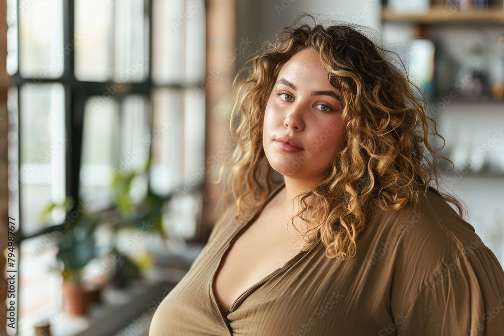 Fototapeta premium Cute young plus size woman at home. Body positive concept