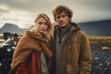 Rugged adventurous couple in Iceland, dramatic landscape, exploration and companionship