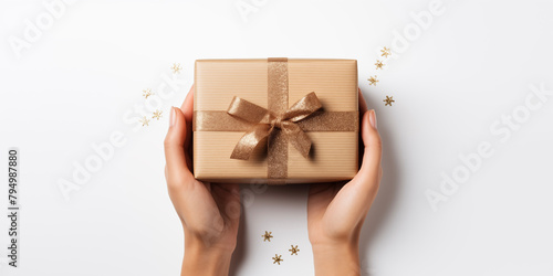 Christmas card template. Happy New year backdrop. Beautiful gift box in hands..