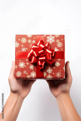 Christmas card template. Happy New year backdrop. Beautiful gift box in hands..