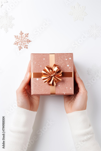 Christmas card template. Happy New year backdrop. Beautiful gift box in hands..