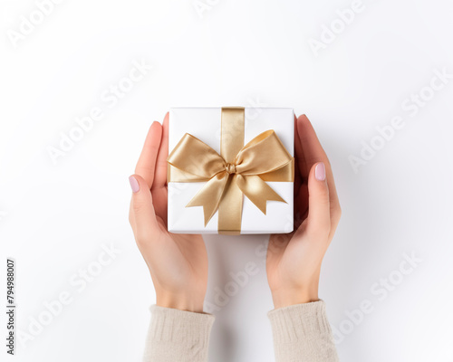 Christmas card template. Happy New year backdrop. Beautiful gift box in hands..