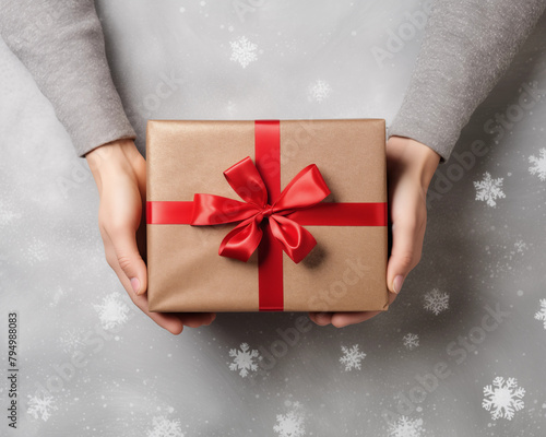 Christmas card template. Happy New year backdrop. Beautiful gift box in hands..