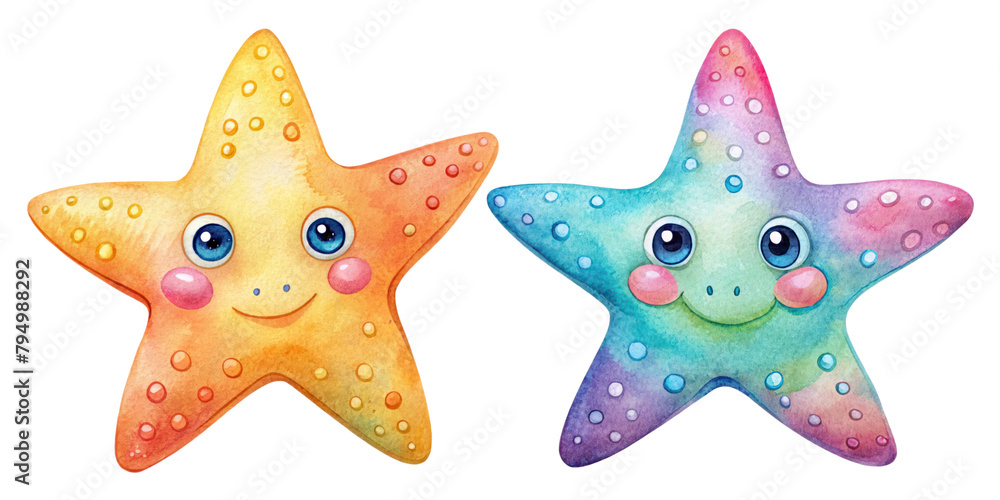 Cartoon cute star fish watercolor illustration on transparent background