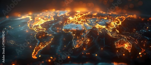 Abstract glowing world map network on dark background with lines and dots. Concept Abstract Art, Glowing Effects, World Map, Network Connections, Dots and Lines