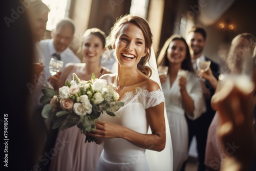 Blissful bride with bouquet, celebrating wedding day. photo