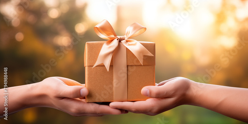 Christmas card template. Happy New year backdrop. Beautiful gift box in hands..