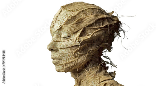 An portait of feamle face sculpture made from recycled cloth bandage materials, Fragmented Sculpture Head Isolated on transparent png photo
