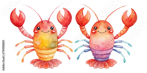 Two Colorful Red Lobster set. Watercolor illustration isolated on transparent background photo