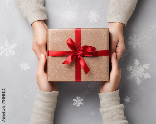 Christmas card template. Happy New year backdrop. Beautiful gift box in hands..