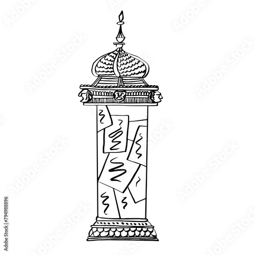 Monument dessiné à la main, kiosque de Paris en France