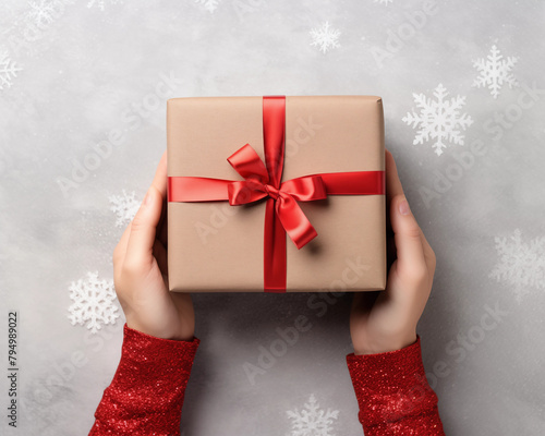 Christmas card template. Happy New year backdrop. Beautiful gift box in hands..