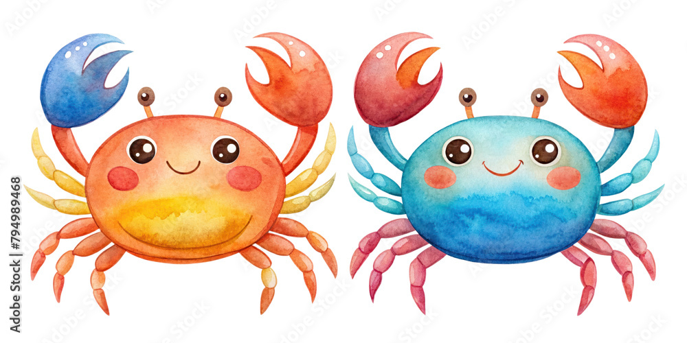Two Watercolor cute sea crab underwater animal cartoon character isolated on transparent background