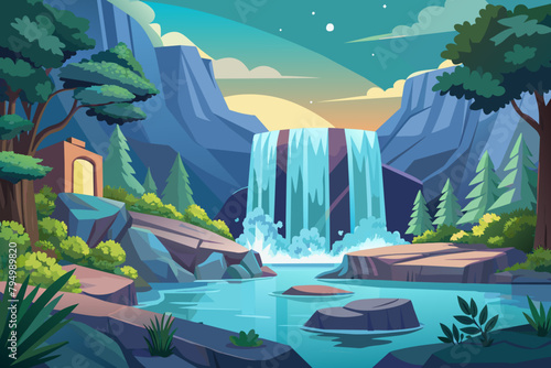 A serene waterfall cascading into a sparkling pool