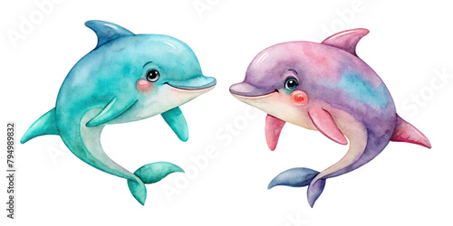 Two colorful dolphins hand drawn watercolor illustration, Two dolphins isolated on white background