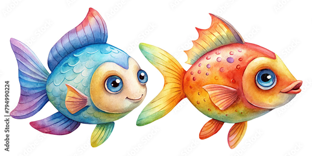 Fototapeta premium set of sea cute fishes watercolor picture of marine life, colorful ocean elements, on transparent background