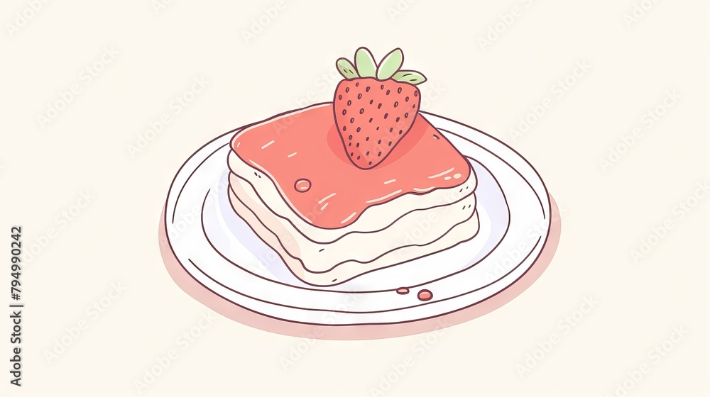 A digital illustration of a cartoon strawberry cake with strawberry sauce on top.