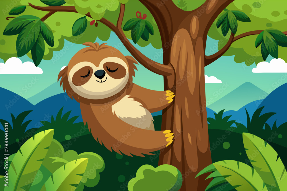 Naklejka premium A sleepy sloth hanging from a tree
