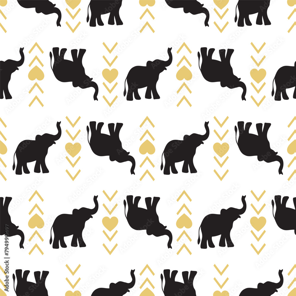 Elephants with heart seamless surface pattern design on a dark background for fabric, textile, paper, package