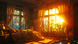 A cozy bedroom oasis with curtains pulled back to reveal a breathtaking sunrise outside the windows, filling the room with the promise of a new day as sunlight streams in, casting a soft, golden glow