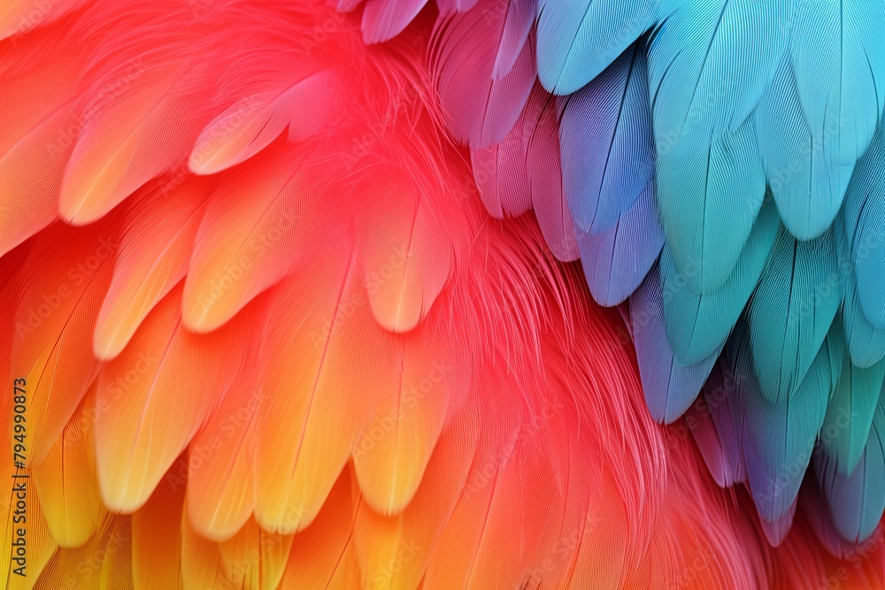 Fototapeta premium Vibrant Parrot Feather Gradients: Colorful Avian Artistry