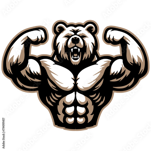 Angry grizzly bear with a muscular torso, vector, logo, cartoon, illustration, mascot, character