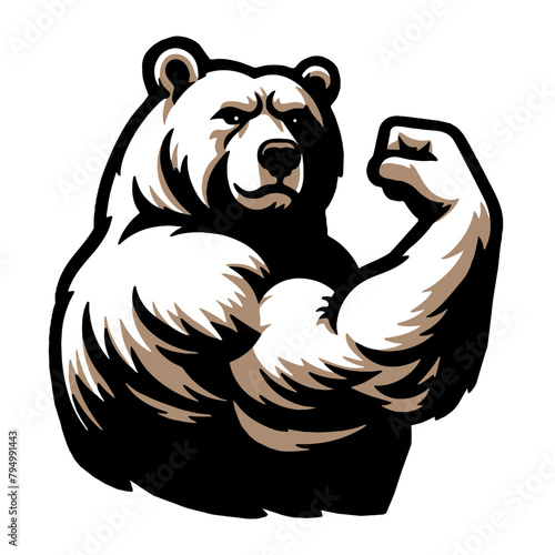 Strong grizzly bear poses in muscular paw, vector, logo, cartoon, illustration, mascot, character
