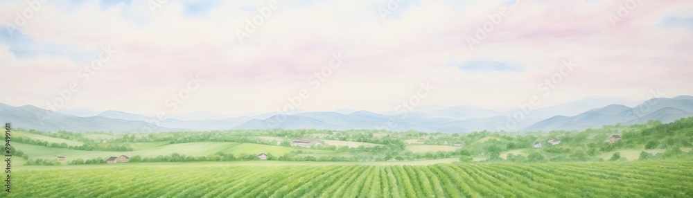 A painting of a green field with a mountain range in the distance.