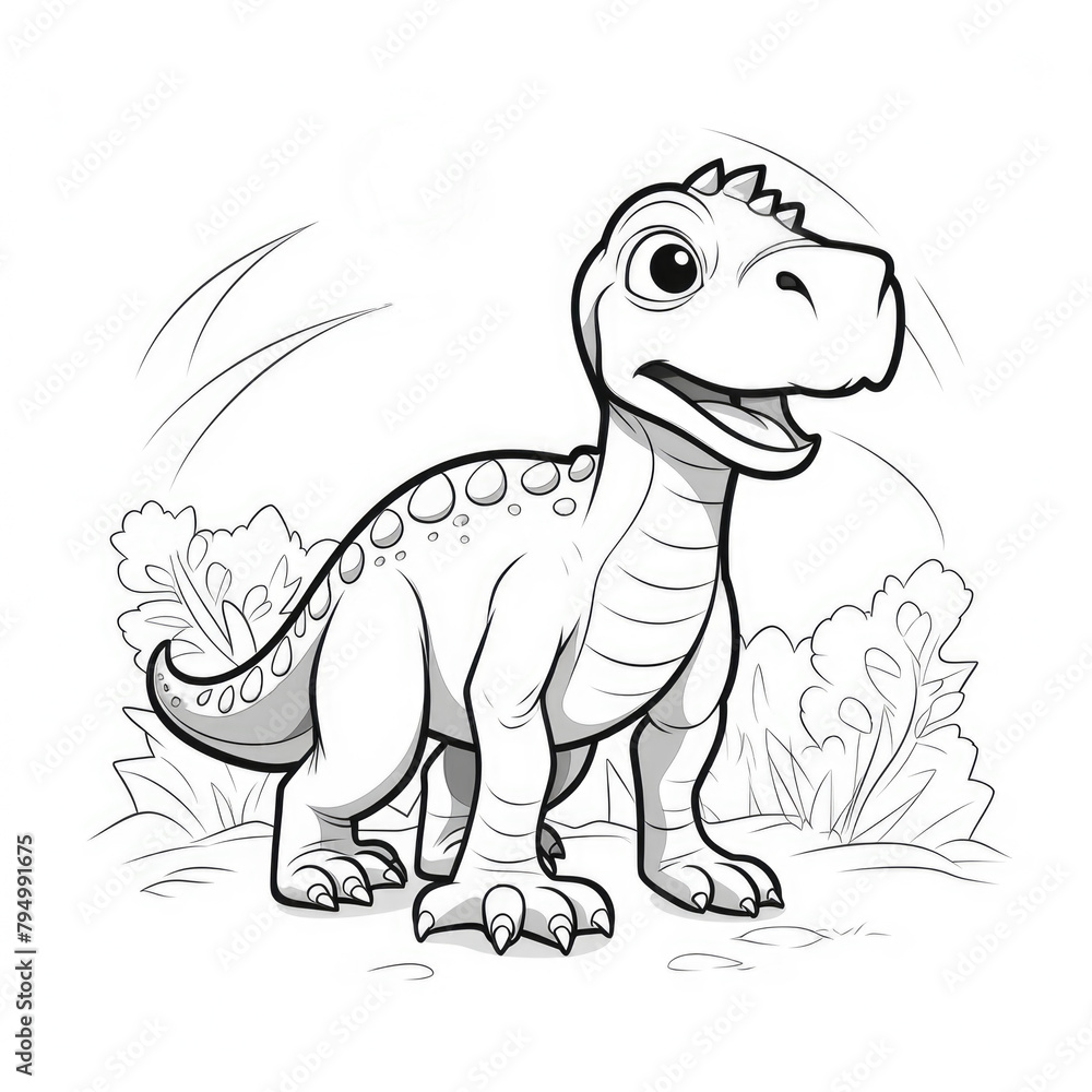 Cute dino coloring page for boys. Funny little dinosaur ink line sketch. Baby character outline illustration for print