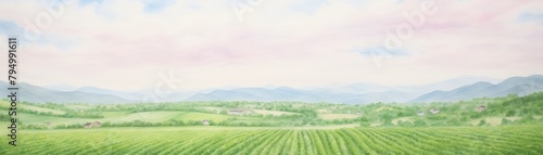 A painting of a green field with a mountain range in the distance.