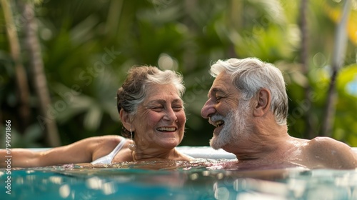 Senior Couple Relaxing In Swimming Pool On Summer Vacation. © Syahrul Zidane A