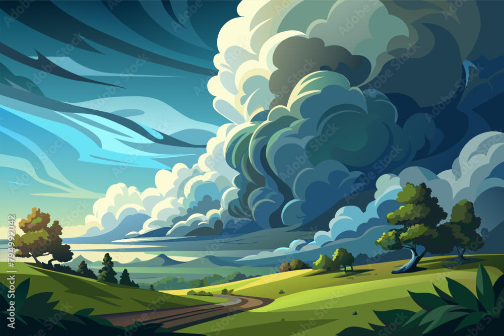 Billowing clouds casting shadows over a verdant landscape Billowing clouds casting shadows over a verdant landscape