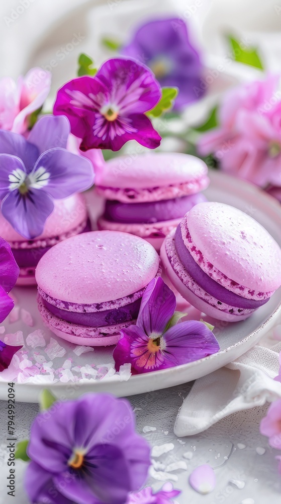 A photo of pink macarons on a white plate with purple flowers in a pastel aesthetic style with a white background and minimalistic style A photo of pink macarons on a white plate with purple flowers in a pastel aesthetic style with a white background and minimalistic style