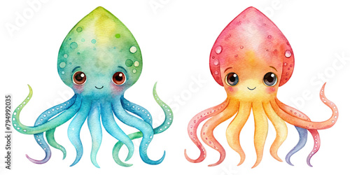 set of Cute sea octopus watercolor picture of marine life, ocean wildlife, on transparent background
