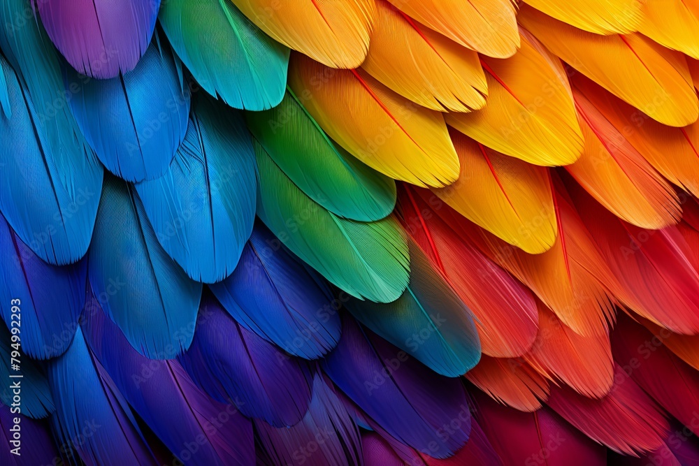 Fototapeta premium Vibrant Parrot Feather Gradients: Lush Patterns in Exotic Plumage