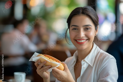 Confident Smiling Woman Enjoying Hot Dog in Busy Caf   Setting