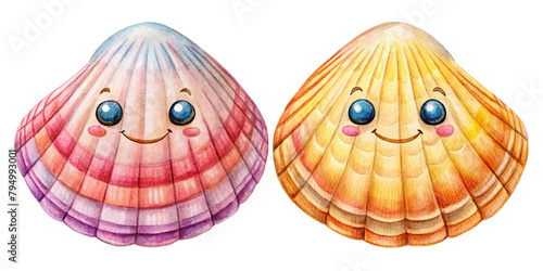 Seashell watercolor illustration painting isolated on white or transparent background, Summer Sea shell blue clipart