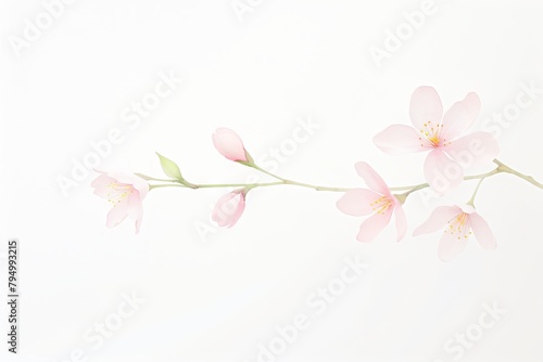 A watercolor painting of a cherry blossom branch with delicate pink and white blossoms and green buds against a white background.