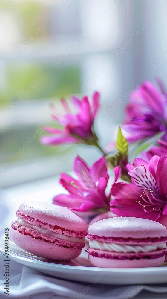 A photo of pink macarons on a white plate with purple flowers in a pastel aesthetic style with a white background and minimalistic style A photo of pink macarons on a white plate with purple flowers in a pastel aesthetic style with a white background and minimalistic style
