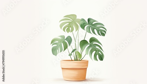 A watercolor painting of a potted monstera deliciosa plant on a white background.