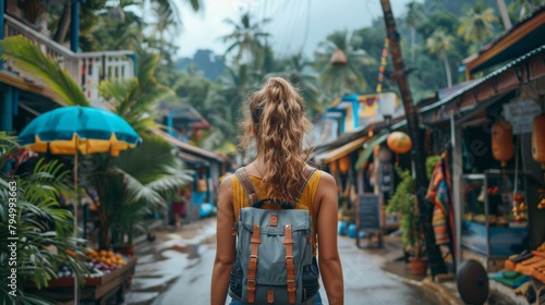 A group of young backpackers exploring vibrant Asian markets, immersed in local culture and summer adventures. photo