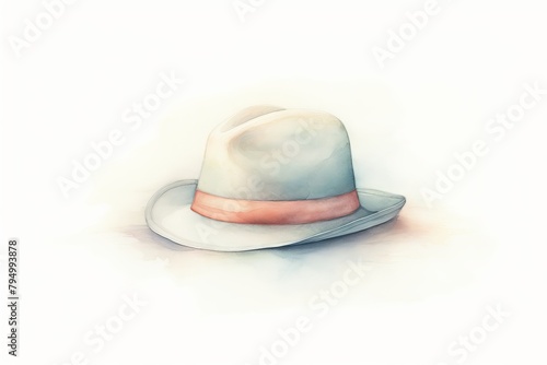 A watercolor painting of a white fedora hat with a red ribbon.