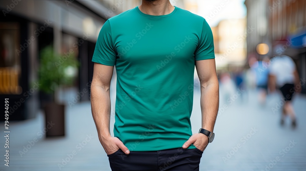 Urban Style: Blank Green T-shirt on Streetwise Model Urban Style: Blank Green T-shirt on Streetwise Model